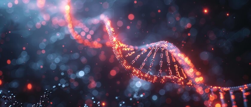 Futuristic glowing DNA strand floating in a dark, high-tech lab environment