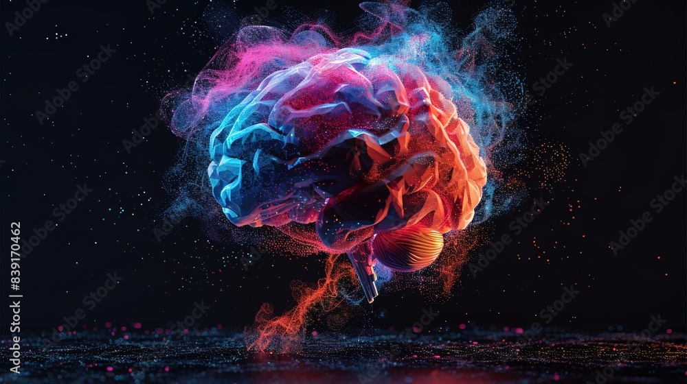Poster creative generative ai illustration of colorful brain with pixels and wires levitating against black