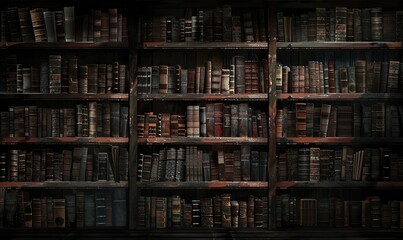 Bookshelves with old books on dimly lit walls with a mysterious, old library vibe