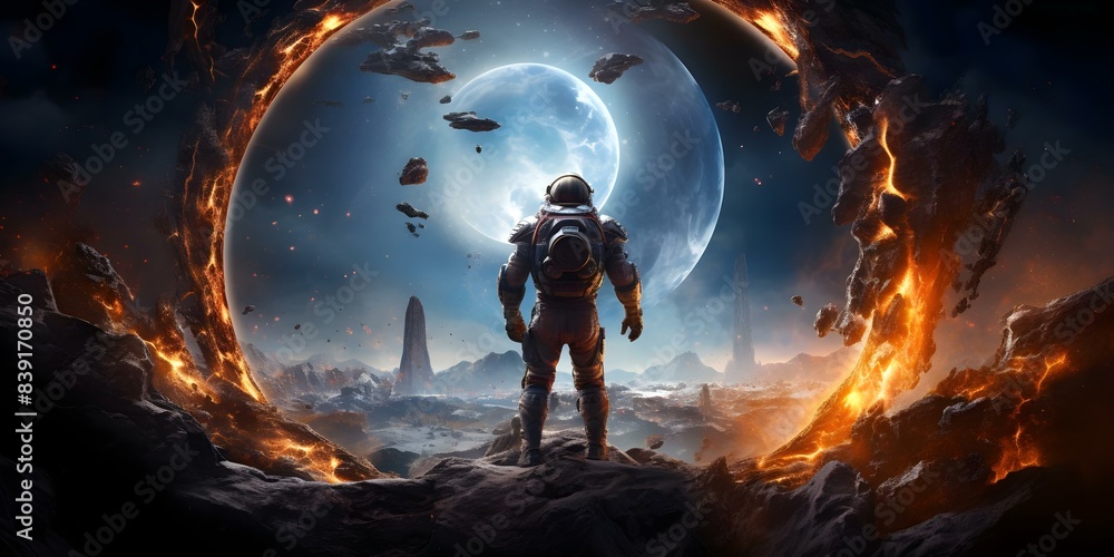 Poster astronaut in space with glowing intergalactic portal planets and gravity. concept space exploration,
