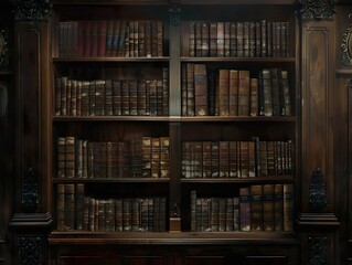 Bookshelves with old books on dimly lit walls with a mysterious, old library vibe