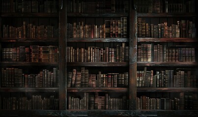 Bookshelves with old books on dimly lit walls with a mysterious, old library vibe