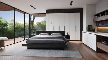 Modern bedroom design, modern furniture, double beds and french window, high-end apartments or hotels, high-end furniture