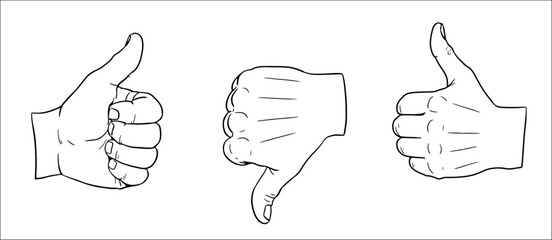 Vector drawing of Hand gesture and sign language. Thumb up and thumb down.