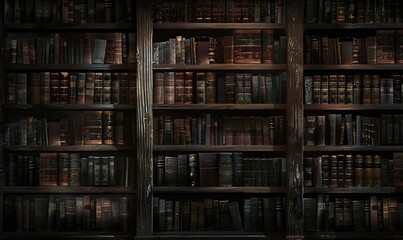 Bookshelves with old books on dimly lit walls with a mysterious, old library vibe