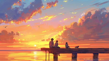 Relaxing Family Moment on Pier with Beloved Dog - Leisure Time by the Water