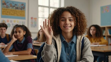 Curly teenage girl raises hand in classroom full of students, She looks engaged, eager to participate in discussion. Diverse group of students in background adds to educational atmosphere of scene