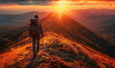 Fototapeta premium hiker with backpack walking on a mountain trail at sunset, with warm sunlight casting a golden glow on the landscape