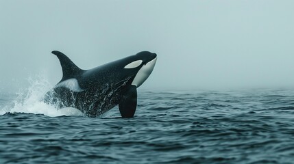 Fototapeta premium A sleek orca breaching dramatically out of the water, its black and white form contrasting with the deep blue sea.