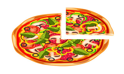 Vector illustration of tasty pizza. Cartoon scene of pizza with toppings: sausage, tomatoes, green and yellow peppers, mushrooms, cheese, ketchup, olives, basil leaves isolated on a white background.