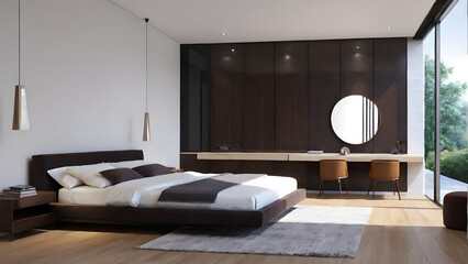 Modern bedroom design, modern furniture, double beds and french window, high-end apartments or hotels, high-end furniture