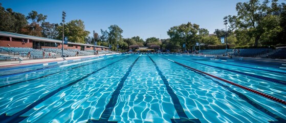 Olympic-sized pool with lanes, diving boards, and swimmers practicing under a bright, clear sky