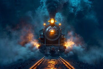 A Powerful Vintage Steam Locomotive Barreling Down Illuminated Tracks in the Night
