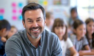 Fototapeta premium Smiling Male Teacher in Classroom with Students