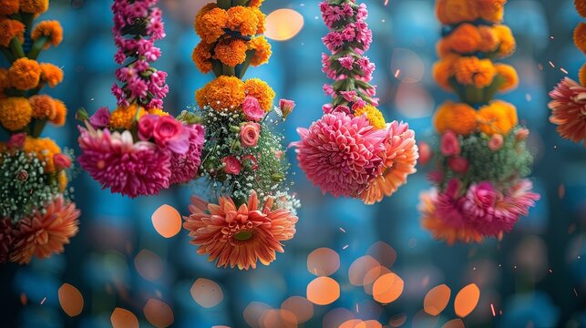 Close-up of beautifully decorated swings adorned with flowers for the Teej festival