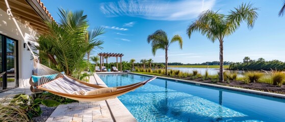 Obraz premium Peaceful poolside retreat with a hammock, cabana, and gently swaying palm trees under a clear blue sky
