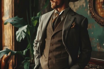Stylish man in a vintage suit and hat posing with an air of sophistication