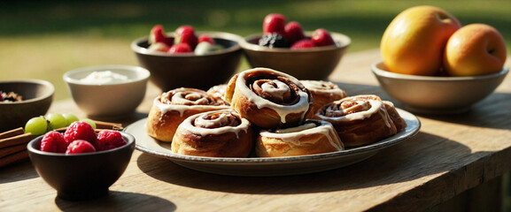 Cinnamon Rolls on a Plate, berries in bowls