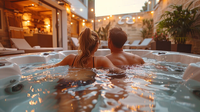 A young couple relaxing in an outdoor jacuzzi at sunset, surrounded by string lights and a cozy ambiance, creating a romantic and peaceful atmosphere