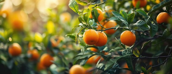 Fresh citrus branches with organic ripe fresh oranges tangerines growing on branches with green leaves in sunny garden