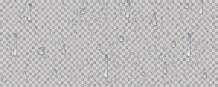 Rain transparent drops flow down the glass.Realistic wet condensation texture.Fresh water splash effect on the surface.Liquid spreading droplet shapes.