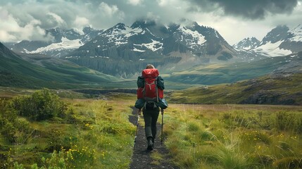 Fototapeta premium Hiker Trekking Towards Majestic Mountains - Adventure and Exploration Concept