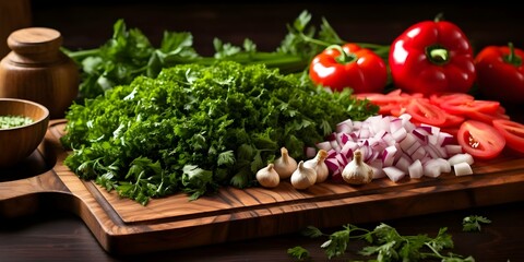 Freshly chopped parsley on wooden board with colorful ingredients for contrast. Concept Food Photography, Fresh Ingredients, Vibrant Colors, Culinary Art, Wooden Board