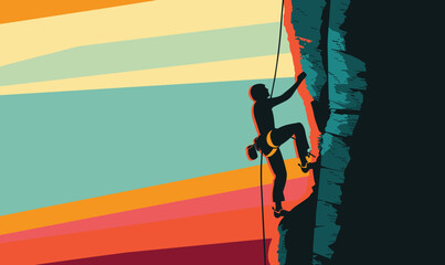 Silhouetted climber scaling cliff vibrant sunset background. Rock climbing extreme sport adventure silhouette. Climber secured harness rope activity against colorful sky