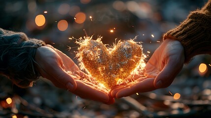 A couple's hands holding a heart-shaped sparkler on a dark background - Powered by Adobe