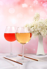 Festive alcoholic cocktail, red and white wine in glasses on a bright background with a bouquet of white lilacs, summer bar concept, alcoholic drinks at a party, restaurant and cafe advertising,
