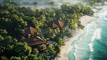 Naklejka premium Luxury Beach Resort with Palm Trees and Ocean View, Perfect Vacation Destination