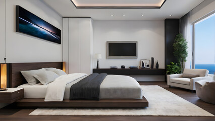 Modern bedroom design, modern furniture, double beds and french window, high-end apartments or hotels, high-end furniture