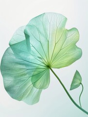 A delicate lotus leaf, with light green andturquoise gradient colors, semi-transparenttexture style, flat illustrations, white backgroundminimalist composition, and high definition resolution