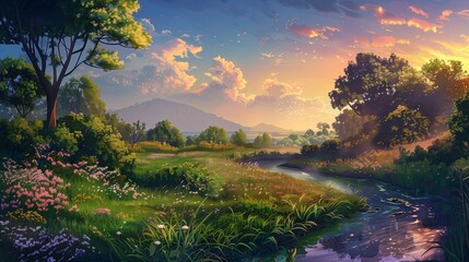 A tranquil countryside scene with a winding stream bordered by lush greenery, the sky above ablaze with the colors of sunset.