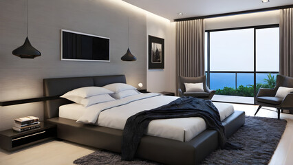 Modern bedroom design, modern furniture, double beds and french window, high-end apartments or hotels, high-end furniture