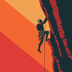 Rock climber scaling steep cliff, dramatic shadows cast sunset. Adventure sport climbing, athlete dangling gear. Extreme outdoor climbing activity, bold male climber rope