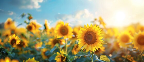 Obraz premium Vibrant field of sunflowers basking in the bright sunshine, with clear blue skies overhead