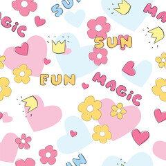 Seamless floral pattern with hand drawn cute flowers background vector kids print for textile, paper