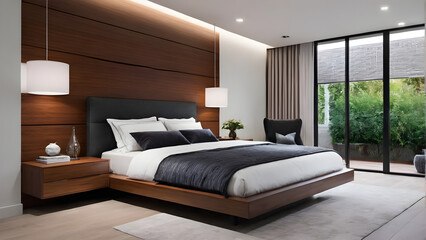 Modern bedroom design, modern furniture, double beds and french window, high-end apartments or hotels, high-end furniture