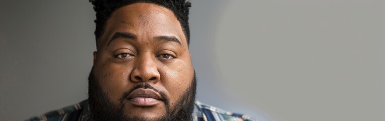 Obraz premium A plus size man with an overweight problem looks directly at the camera