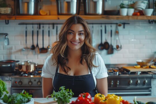 A young woman, wearing an apron, smiles while standing in her kitchen, preparing a healthy meal