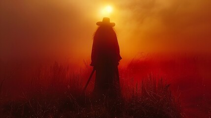 The silhouette of a person in a black robe and hat against a red and yellow background.