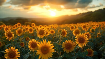 Fototapeta premium field of sunflowers at sunset, the beauty of these iconic flowers, golden sunlight