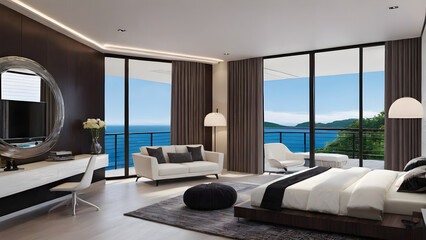 Modern bedroom design, modern furniture, double beds and french window, high-end apartments or hotels, high-end furniture