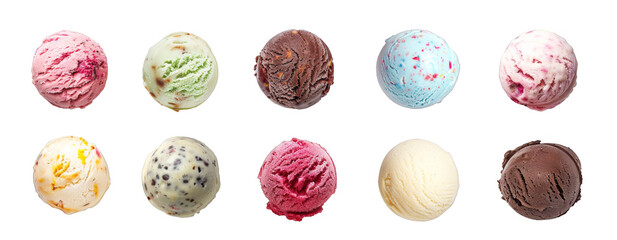 Various flavors of ice cream scoops seen from a top-down perspective, used for product display isolated on transparent background cutout png