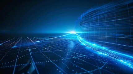 A dark blue background with a glowing grid on the bottom right corner, a curved path in front, and an eyecatching light beam at its end