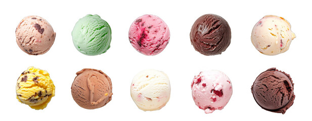 Various flavors of ice cream scoops seen from a top-down perspective, used for product display isolated on transparent background cutout png