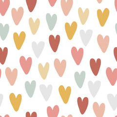 Colourful hearts create a seamless, childish print suitable for apparel, posters, and nursery decoration. This vector rainbow print is vibrant and cheerful.