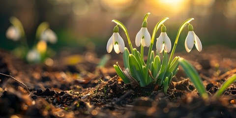 Snowdrops symbolize spring renewal and new life with their blooming green sprouts. Concept Flower Symbolism, Spring Renewal, New Life, Snowdrops