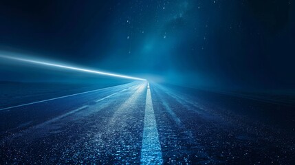 A dark blue background with light lines in the center, futuristic and hightech style, perspective of an empty road leading to distance